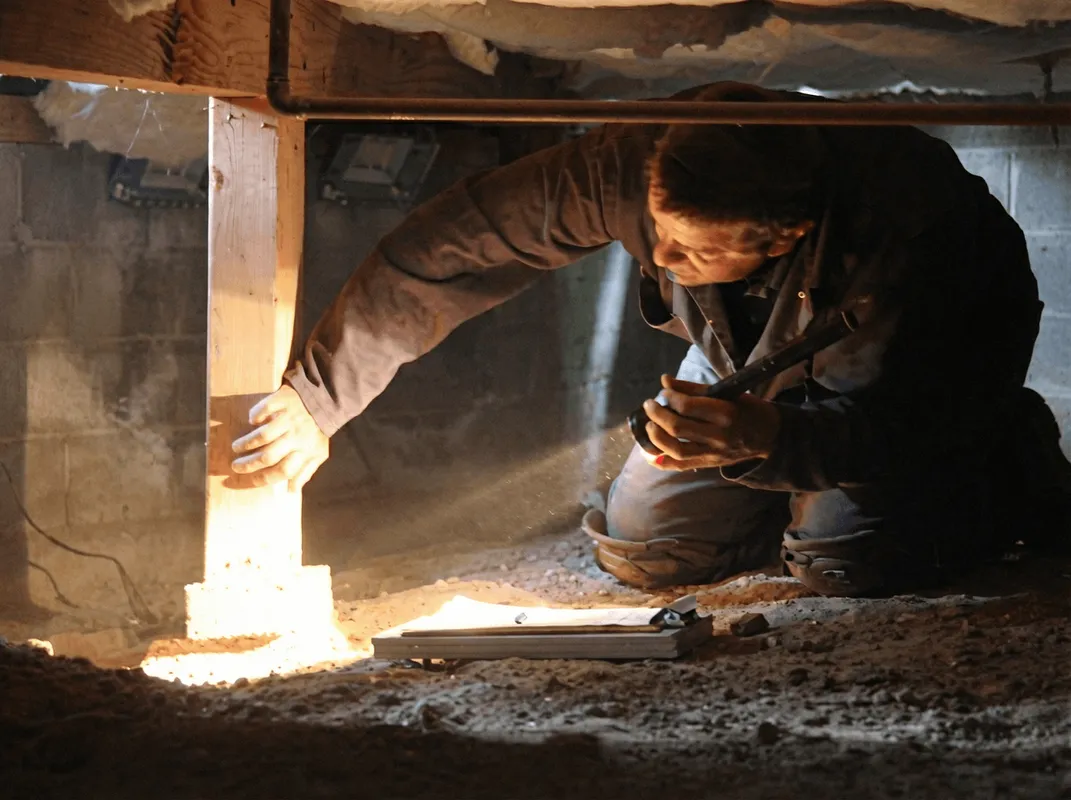 A professional inspecting wooden beams under the floor of a structure in Erie, PA